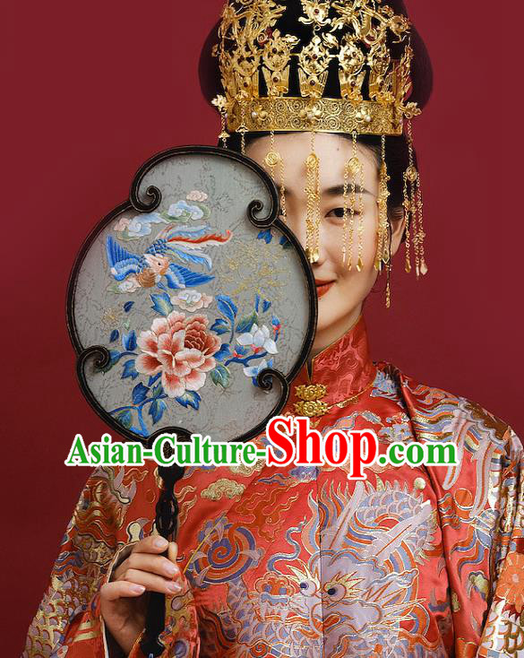 China Handmade Embroidered Phoenix Peony Fans Traditional Wedding Hanfu Silk Palace Fan Ancient Bride Ebony Fan