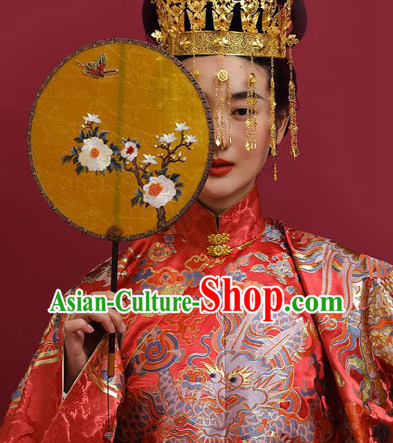 China Ancient Bride Ebony Fan Handmade Embroidered Fans Traditional Wedding Hanfu Yellow Silk Palace Fan