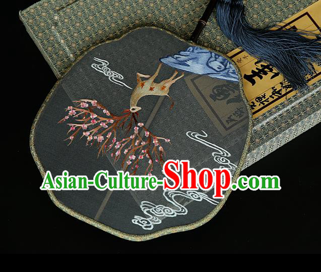 China Ancient Court Princess Black Silk Fan Handmade Embroidered Deer Fans Traditional Hanfu Palace Fan