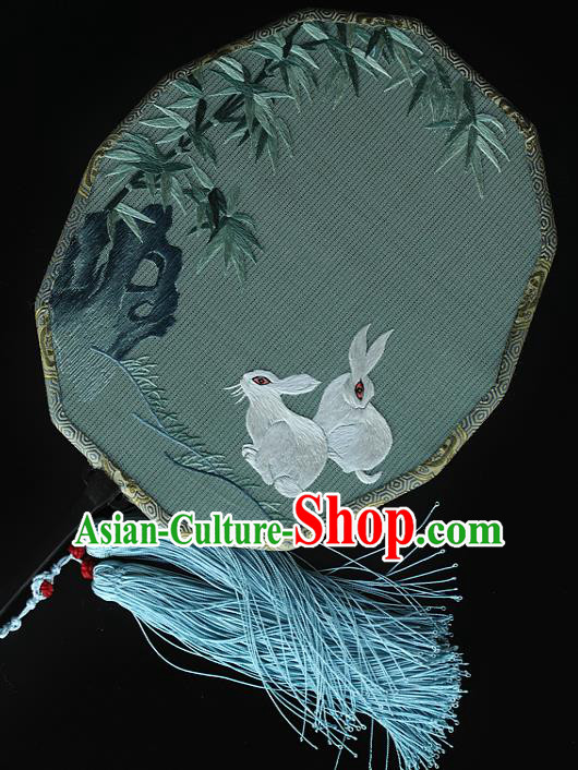 China Handmade Embroidered Rabbit Bamboo Fans Ancient Court Princess Fan Traditional Hanfu Green Silk Palace Fan