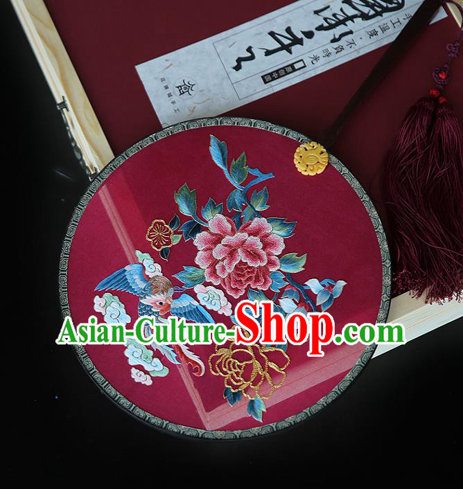 China Handmade Embroidered Phoenix Peony Circular Fans Traditional Hanfu Palace Fan Ancient Court Princess Wine Red Silk Fan