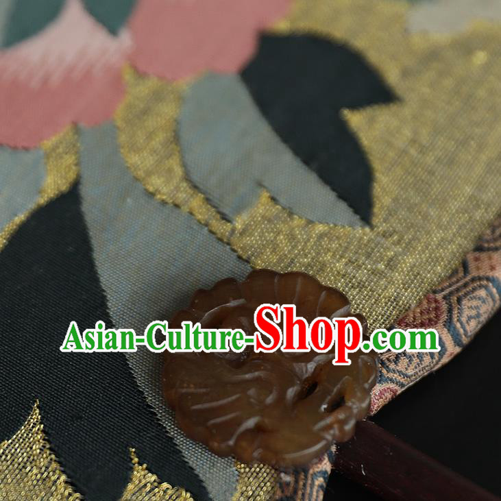 China Peony Pattern Yellow Silk Fan Traditional Hanfu Palace Fan Handmade Ebony Fans