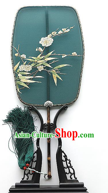 China Embroidered Plum Bamboo Green Silk Fan Traditional Hanfu Palace Fan Handmade Mottled Bamboo Fans