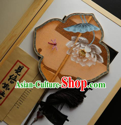 China Painting Lotus Orange Silk Fan Traditional Hanfu Palace Fan Handmade Ebony Fans