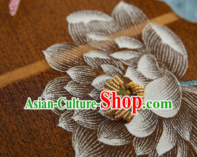 China Painting Lotus Orange Silk Fan Traditional Hanfu Palace Fan Handmade Ebony Fans