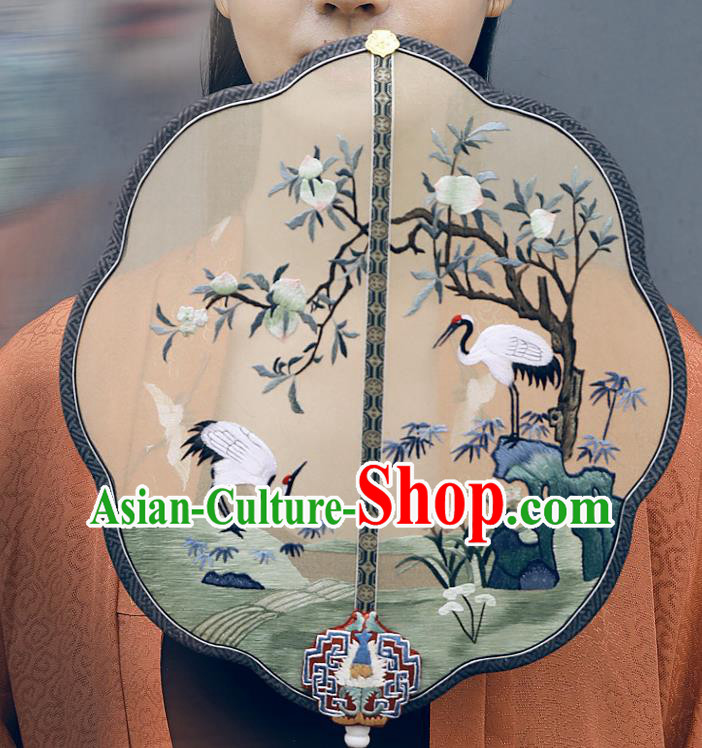 China Embroidered Crane Peach Silk Fan Handmade Ebony Fans Traditional Hanfu Palace Fan