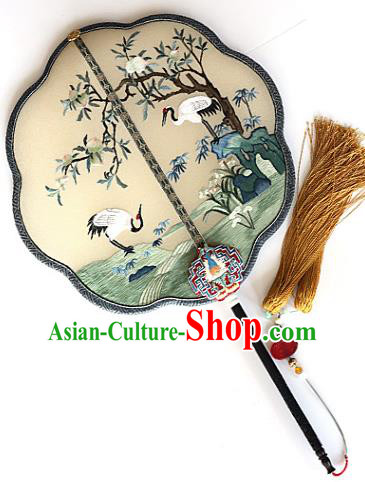 China Embroidered Crane Peach Silk Fan Handmade Ebony Fans Traditional Hanfu Palace Fan