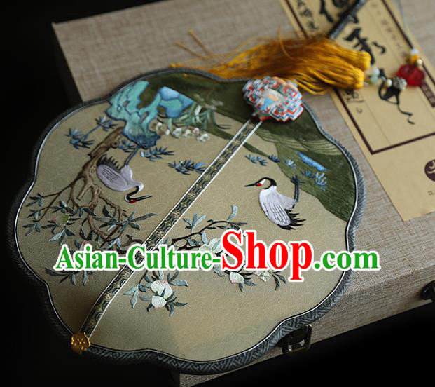 China Embroidered Crane Peach Silk Fan Handmade Ebony Fans Traditional Hanfu Palace Fan