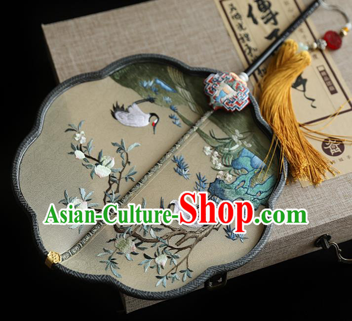 China Embroidered Crane Peach Silk Fan Handmade Ebony Fans Traditional Hanfu Palace Fan