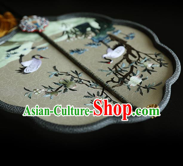 China Embroidered Crane Peach Silk Fan Handmade Ebony Fans Traditional Hanfu Palace Fan