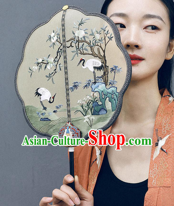 China Embroidered Crane Peach Silk Fan Handmade Ebony Fans Traditional Hanfu Palace Fan