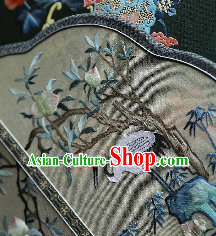 China Embroidered Crane Peach Silk Fan Handmade Ebony Fans Traditional Hanfu Palace Fan