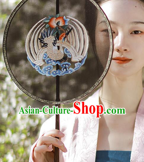 China Traditional Hanfu Palace Fan Embroidered Crane Black Silk Fan Handmade Rosewood Circular Fans