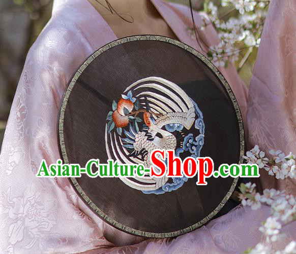 China Traditional Hanfu Palace Fan Embroidered Crane Black Silk Fan Handmade Rosewood Circular Fans
