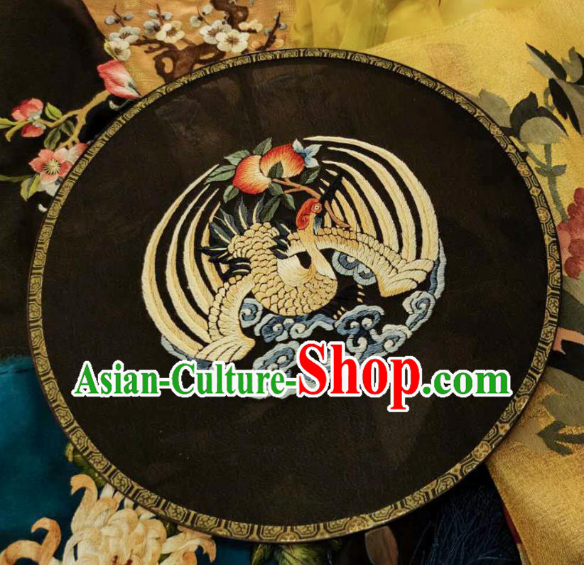 China Traditional Hanfu Palace Fan Embroidered Crane Black Silk Fan Handmade Rosewood Circular Fans