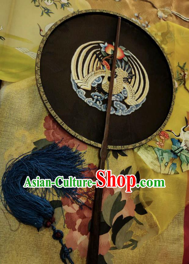 China Traditional Hanfu Palace Fan Embroidered Crane Black Silk Fan Handmade Rosewood Circular Fans