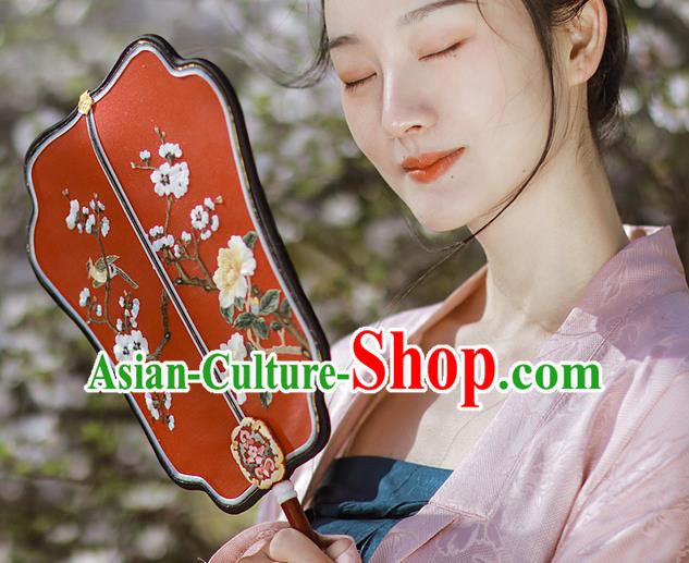 China Traditional Wedding Hanfu Palace Fan Handmade Rosewood Fans Embroidered Plum Blossom Red Silk Fan
