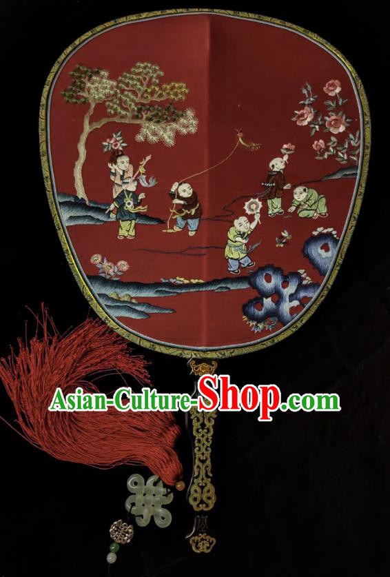 China Handmade Hanfu Fans Embroidered Children Red Silk Fan Traditional Wedding Palace Fan
