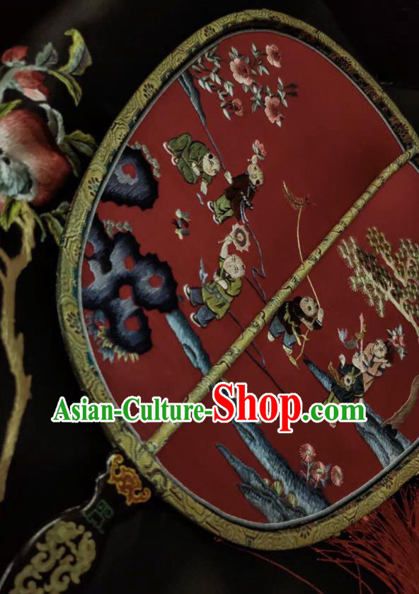 China Handmade Hanfu Fans Embroidered Children Red Silk Fan Traditional Wedding Palace Fan