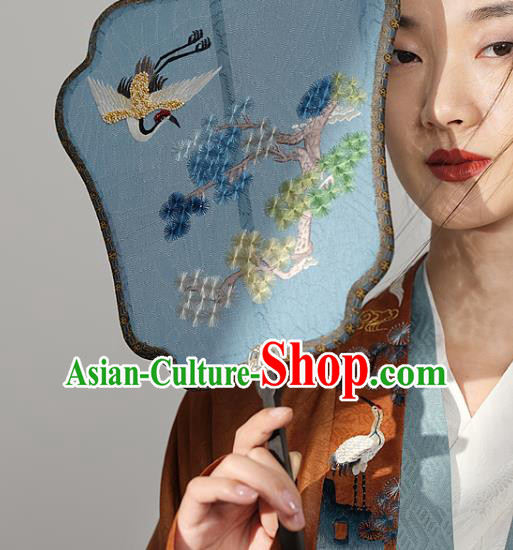 China Ancient Court Princess Fan Traditional Hanfu Blue Silk Palace Fan Handmade Embroidered Pine Crane Fans