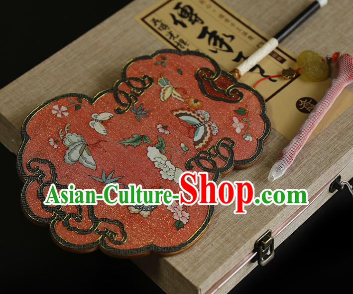 China Traditional Hanfu Red Silk Fan Handmade Butterfly Pattern Fans Wedding Palace Fan
