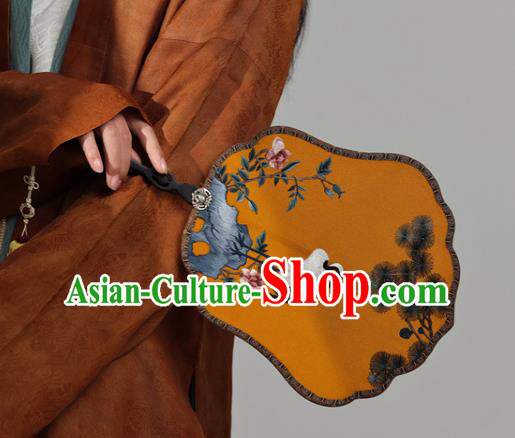 China Traditional Hanfu Orange Silk Palace Fan Handmade Embroidered Pine Crane Fans Ancient Court Princess Fan