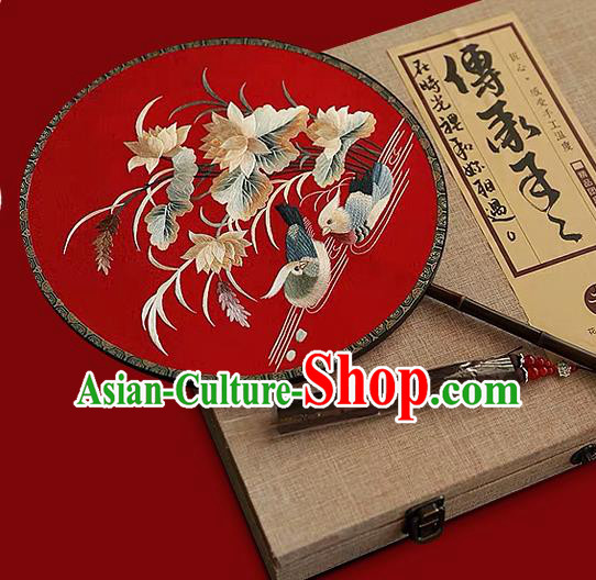 China Wedding Circular Fan Handmade Embroidered Mandarin Duck Palace Fan Traditional Hanfu Red Silk Fan