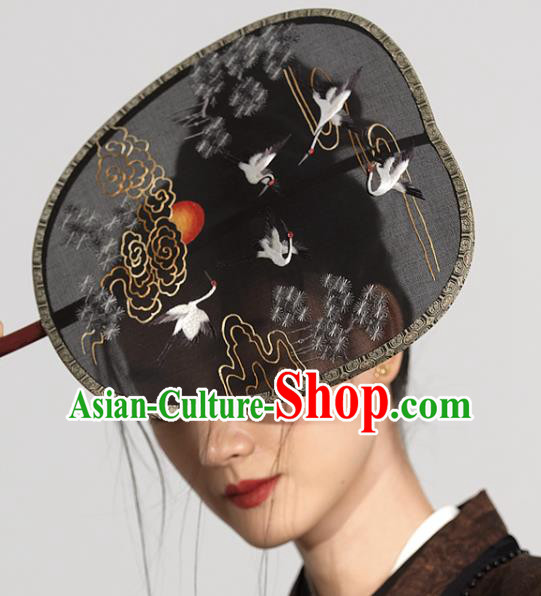 China Traditional Hanfu Black Silk Fan Ancient Court Princess Palace Fan Handmade Embroidered Cloud Crane Fans