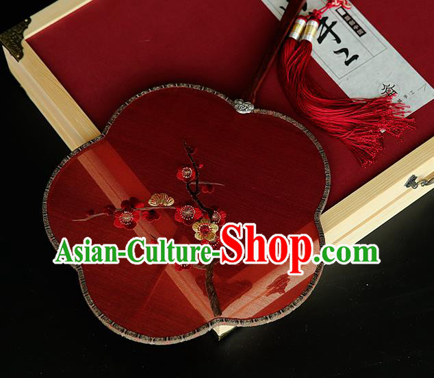 China Ancient Court Princess Palace Fan Handmade Embroidered Plum Blossom Fans Traditional Hanfu Red Silk Fan