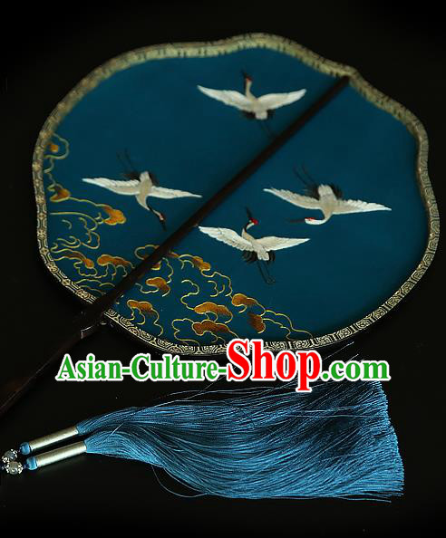 China Handmade Embroidered Cranes Palace Fan Traditional Court Hanfu Fan Wedding Blue Silk Fan