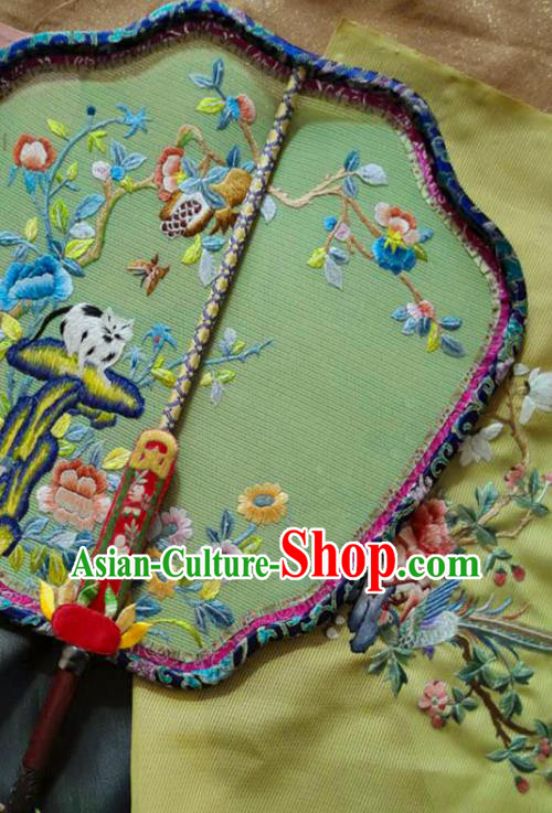 China Wedding Embroidered Cat Butterfly Fan Handmade Palace Fan Traditional Hanfu Green Silk Fan