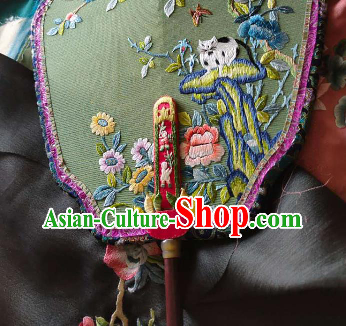 China Wedding Embroidered Cat Butterfly Fan Handmade Palace Fan Traditional Hanfu Green Silk Fan