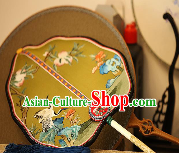 China Wedding Yellow Silk Fan Handmade Palace Fan Traditional Court Hanfu Embroidered Crane Fan
