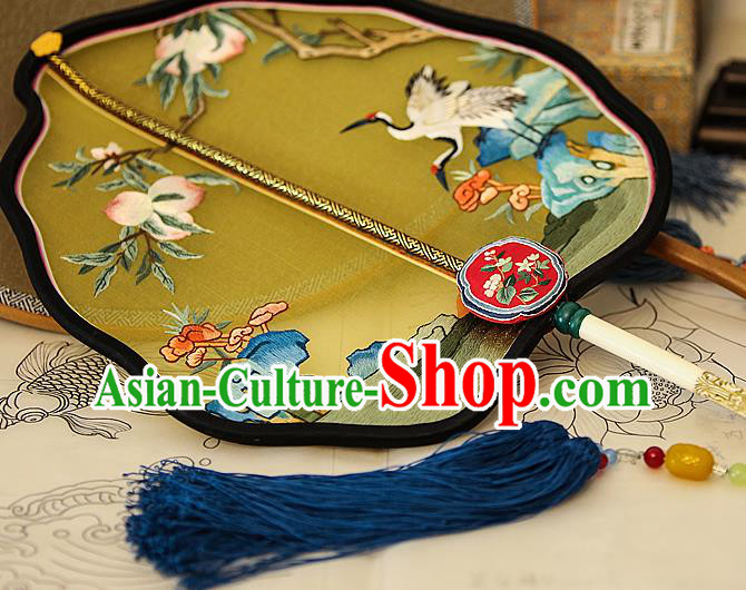 China Wedding Yellow Silk Fan Handmade Palace Fan Traditional Court Hanfu Embroidered Crane Fan