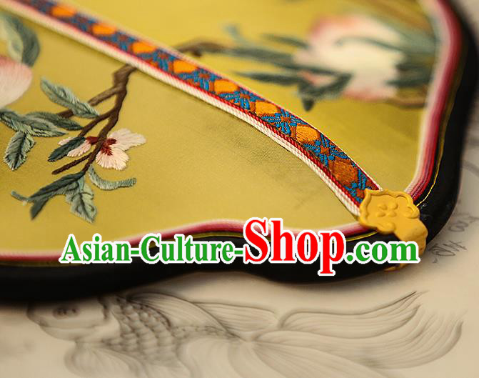 China Wedding Yellow Silk Fan Handmade Palace Fan Traditional Court Hanfu Embroidered Crane Fan
