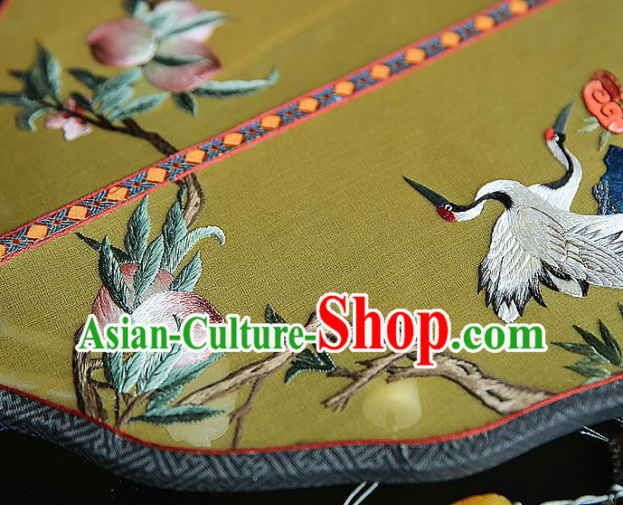 China Wedding Yellow Silk Fan Handmade Palace Fan Traditional Court Hanfu Embroidered Crane Fan