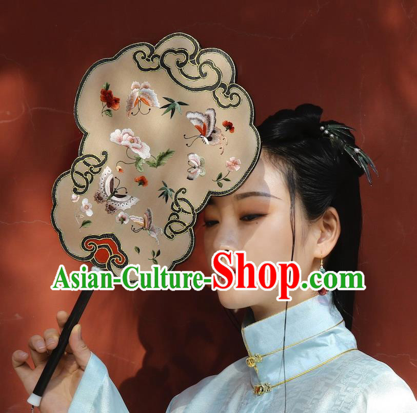 China Traditional Wedding Silk Fan Handmade Embroidered Butterfly Fan Ancient Court Hanfu Palace Fan