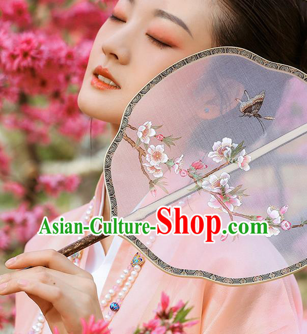 China Ancient Hanfu Palace Fan Traditional Wedding Fans Handmade Painting Peach Blossom White Silk Fan