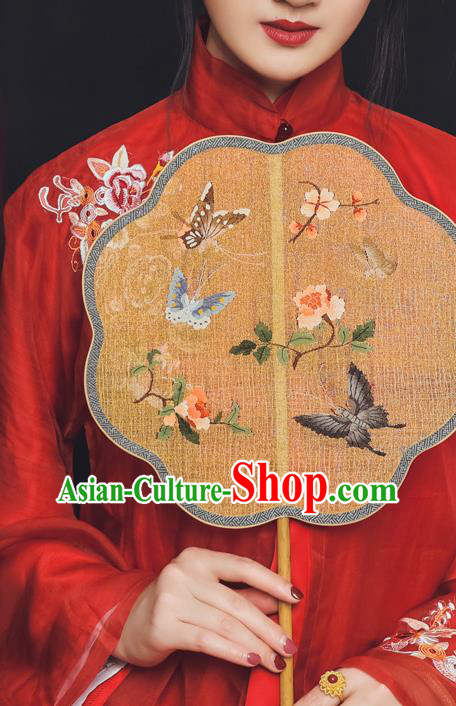 China Traditional Wedding Yellow Silk Fans Handmade Painting Butterfly Fan Ancient Hanfu Palace Fan