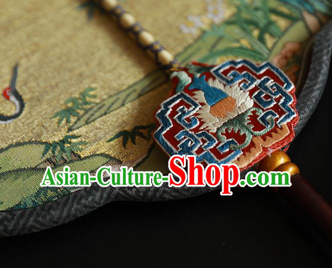China Kesi Wedding Fan Traditional Hanfu Silk Fan Handmade Crane Peach Pattern Palace Fan