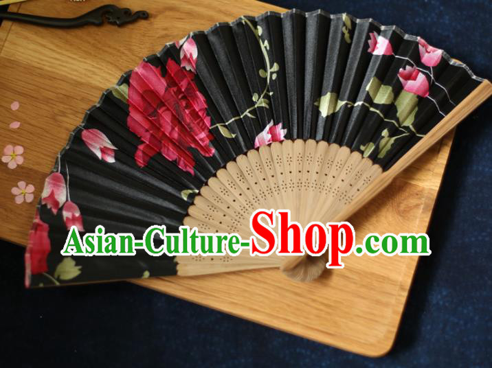 China Traditional Printing Flower Black Silk Fan Accordion Classical Folding Fan