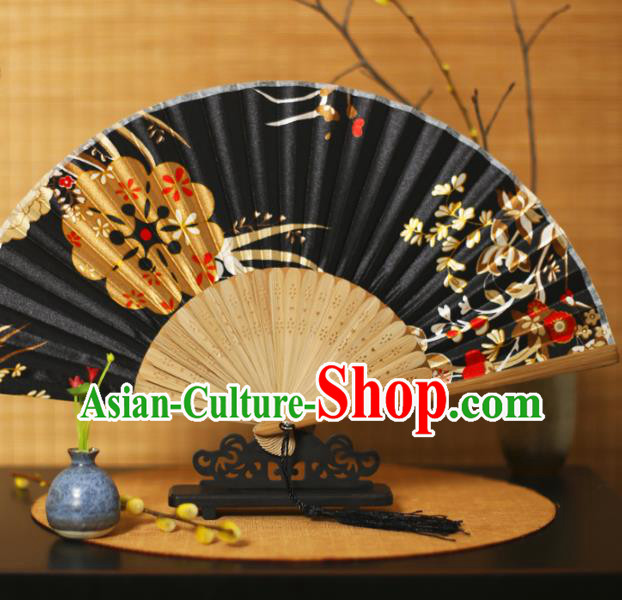 China Classical Folding Fan Traditional Printing Sakura Black Silk Fan Accordion