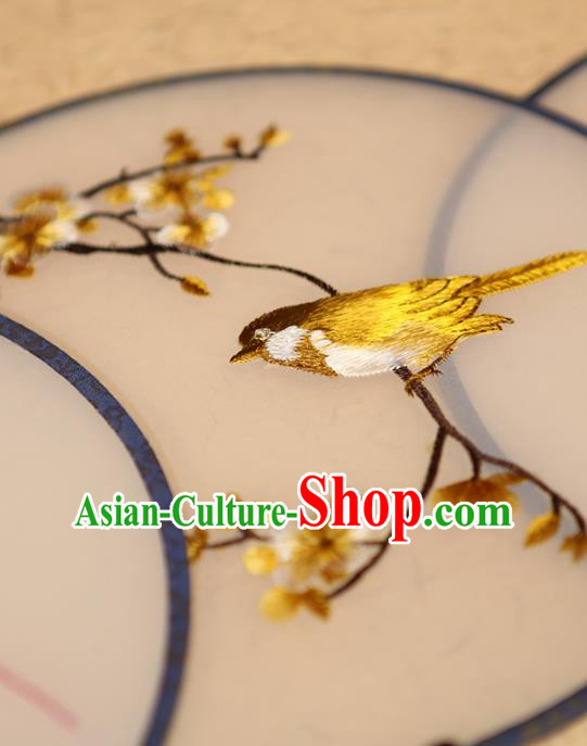 China Handmade Embroidered Plum Bird Circular Fan Ancient Hanfu Palace Fan Traditional Silk Fans