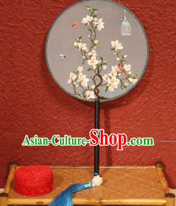 China Ancient Hanfu Palace Fan Traditional Silk Fans Embroidered Flowers Circular Fan