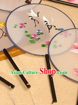 China Traditional Silk Fans Ancient Hanfu Palace Fan Embroidered Crane Lotus Circular Fan