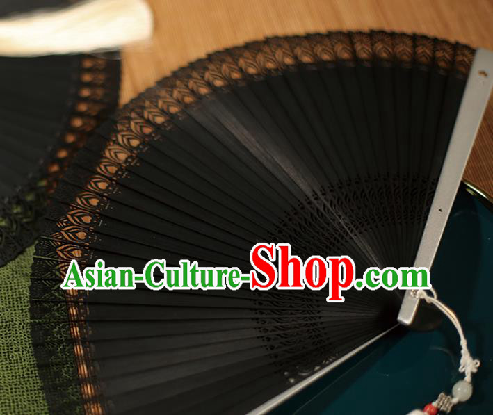 China Traditional Carving Fan Accordion Classical Folding Fan Black Bamboo Fans