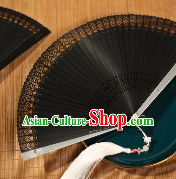China Traditional Carving Fan Accordion Classical Folding Fan Black Bamboo Fans
