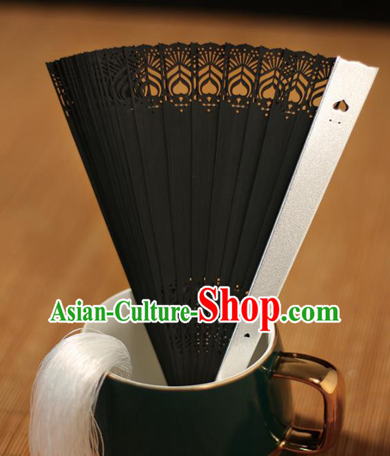 China Traditional Carving Fan Accordion Classical Folding Fan Black Bamboo Fans