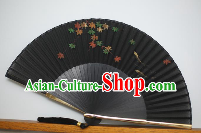 China Traditional Printing Maple Leaf Fan Accordion Classical Folding Fan Black Silk Fans