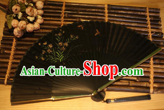 China Traditional Accordion Classical Folding Fan Black Silk Fans Printing Orchid Fan